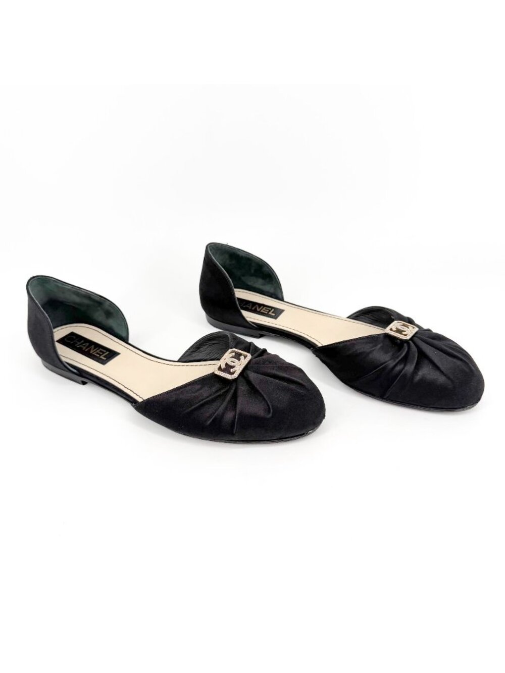 Chanel Crystal CC D’Orsay Ballet Flats Black Satin Size 42 US 11-11.5 Women’s